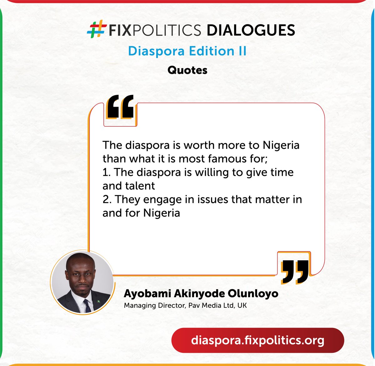 'The diaspora is worth more to Nigeria than what it is most famous for' - @ayobamiolunloyo at the #FixPolitics Diaspora Dialogue II. Watch this space for the next edition.