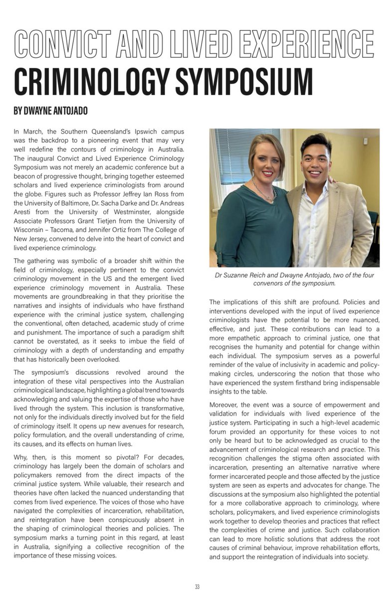 Dwayne Antojado (@dwayne_antojado) on Twitter photo My article reflects on the significance of the first Convict and Lived Experience Criminology Symposium held at <a href="/UniSQLJResearch/">UniSQLawandJusticeResearch</a>. It’s important that we continue the dialogue beyond the conference - what are you doing to privilege lived experience voices in your work?
Link ⬇️ My article reflects on the significance of the first Convict and Lived Experience Criminology Symposium held at <a href="/UniSQLJResearch/">UniSQLawandJusticeResearch</a>. It’s important that we continue the dialogue beyond the conference - what are you doing to privilege lived experience voices in your work?
Link ⬇️