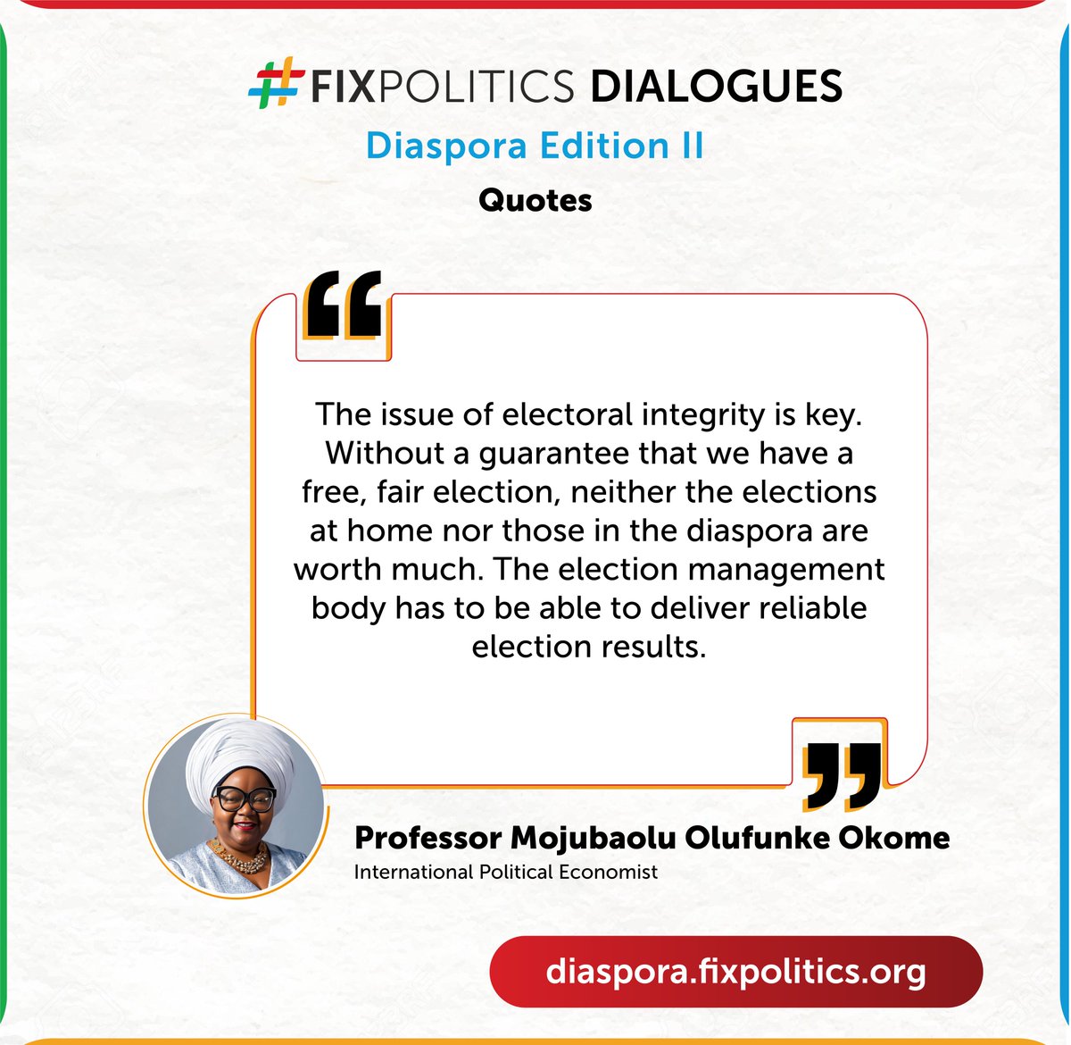 'Without a guarantee that we have a free and fair election, neither the elections at home nor those in the diaspora are worth much' - @mojubaolu at the #FixPolitics Diaspora Dialogue II. Watch this space for the next edition.
