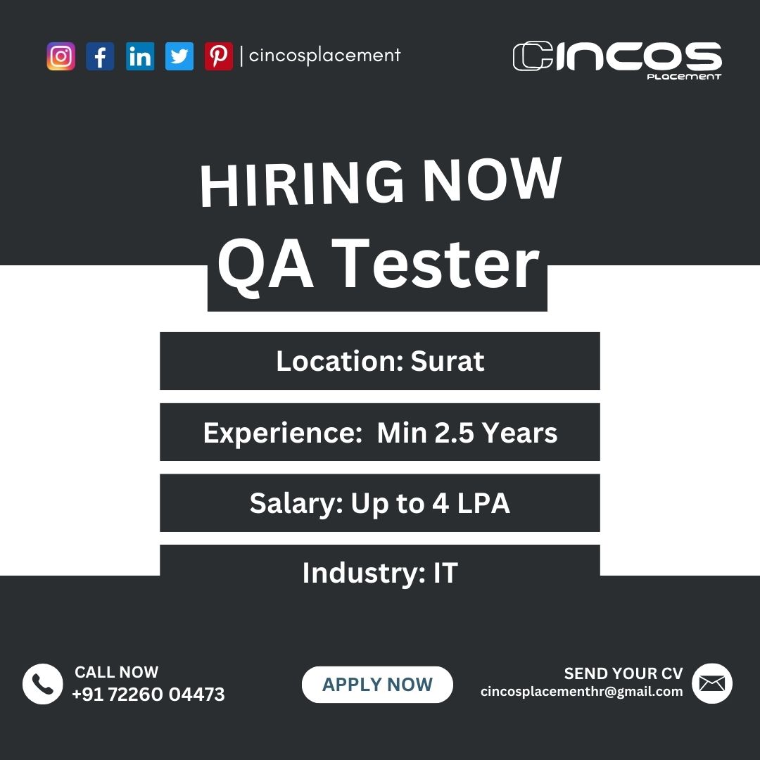 Seeking a QA Tester to ensure product excellence with Best IT Placement Company in Surat. Join us!

Contact Us
Phone: +91 72260 04473

#QATester #SuratJobs #QualityAssurance #CareerBuilder #TopITPlacementConsultancyInSurat #ITJobPlacementInSurat