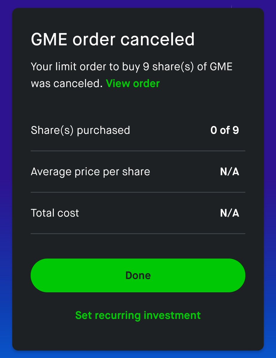 The1Parzival's tweet photo. 🚨🚨🚨  
Robinhood now cancelling orders for $GME on their overnight trading.

CONFIRMED, BUY BUTTON CANCELLED!  2021 ALL OVER AGAIN!!!
🚨🚨🚨 https://t.co/DqdipYPH7V