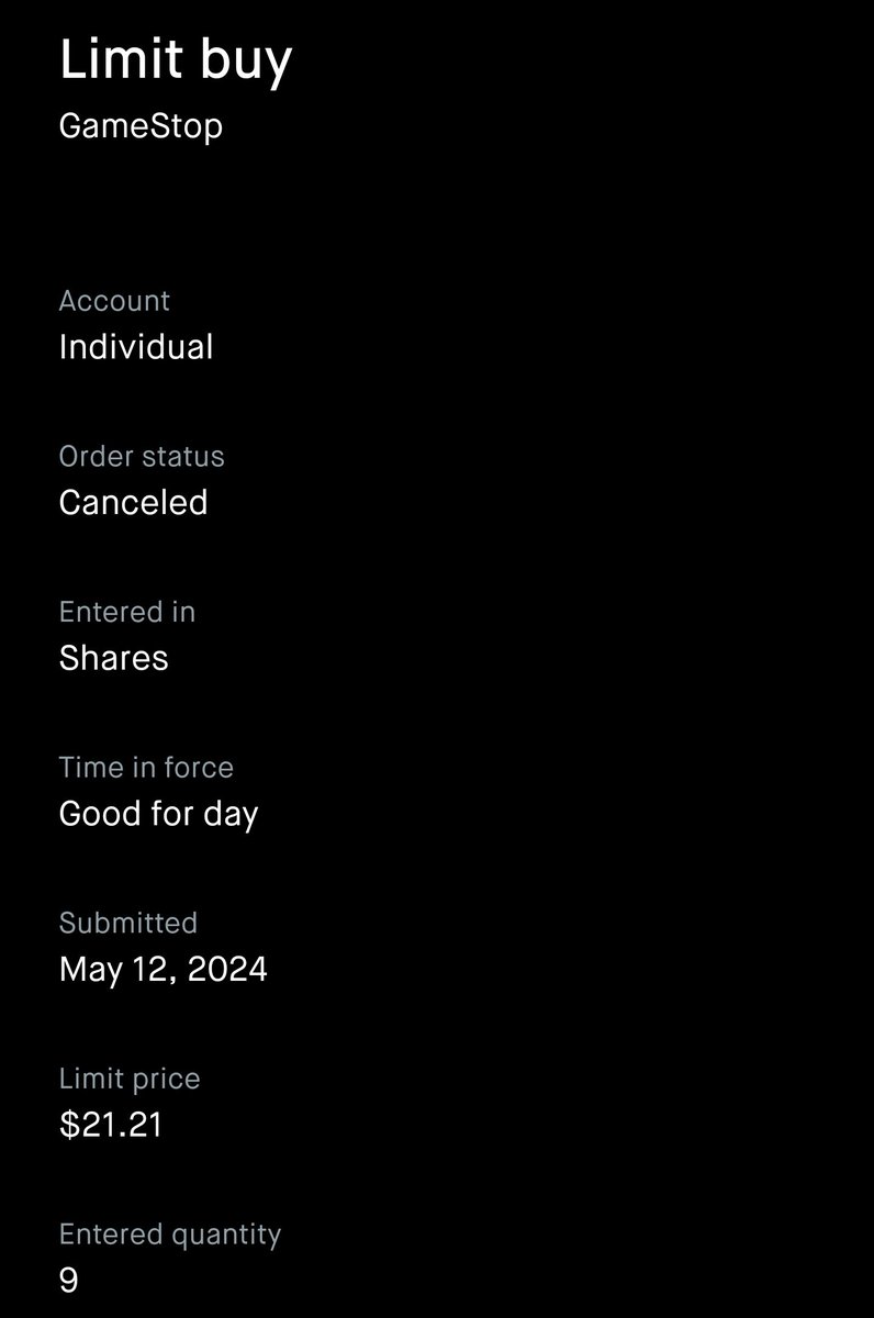 The1Parzival's tweet photo. 🚨🚨🚨  
Robinhood now cancelling orders for $GME on their overnight trading.

CONFIRMED, BUY BUTTON CANCELLED!  2021 ALL OVER AGAIN!!!
🚨🚨🚨 https://t.co/DqdipYPH7V