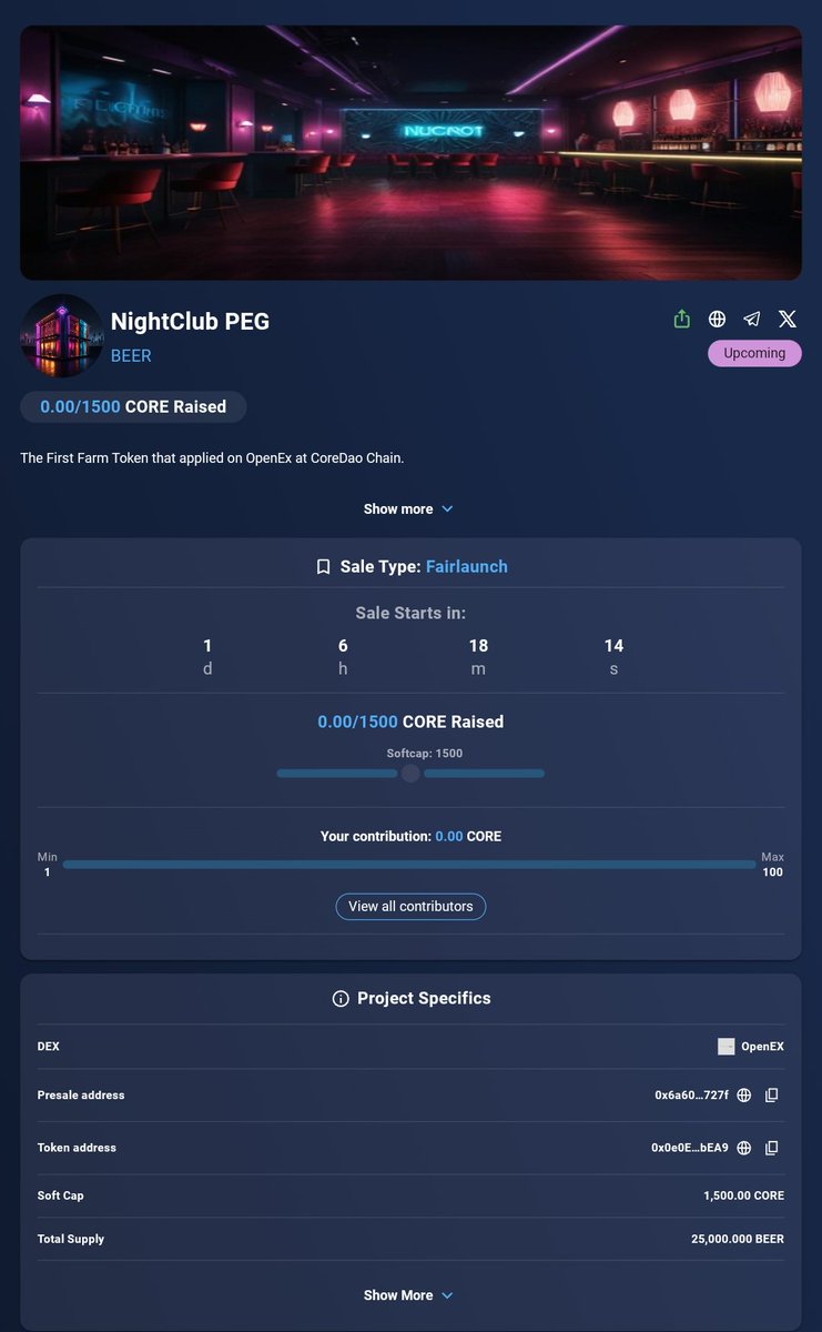 NightClub Finance (@nightclub_core) on Twitter photo Ready for $NighClub🎉
Fairlaunch coming on <a href="/dxsale/">DxSale.Network</a> in 1 day 6 Hours
Check it out:
dx.app/dxsale/view?ad…
The first farm token that built at longswap.
#YieldFarm #CoreDao #CoreChain #TombFork #Farm Ready for $NighClub🎉
Fairlaunch coming on <a href="/dxsale/">DxSale.Network</a> in 1 day 6 Hours
Check it out:
dx.app/dxsale/view?ad…
The first farm token that built at longswap.
#YieldFarm #CoreDao #CoreChain #TombFork #Farm