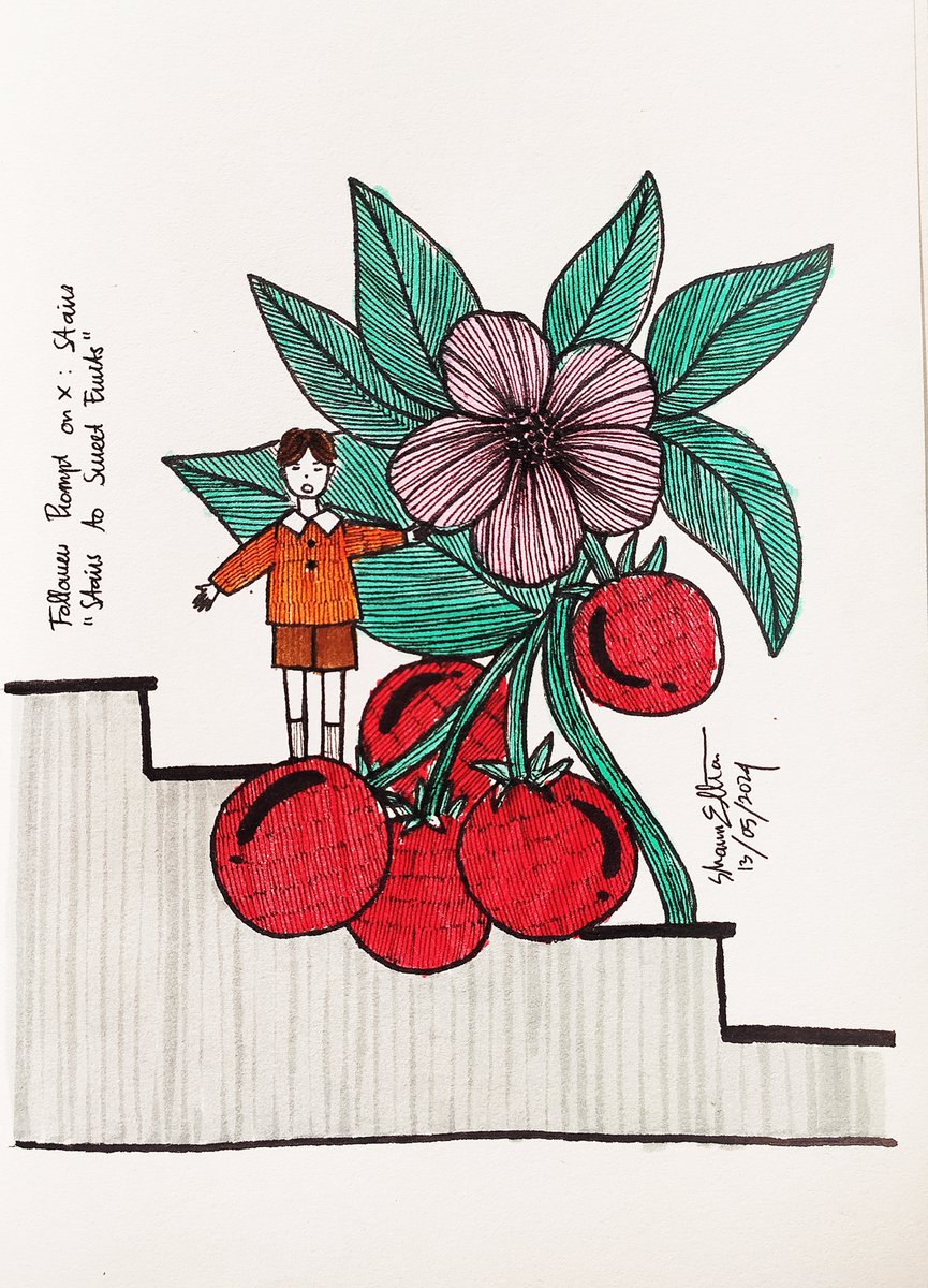 Day 8: Stairs
'Stairs to the Sweet Fruit' 🍒 

#fantasyart #childrenbookillustration #illustshare #illustrationart #artmoots #penandink #boy