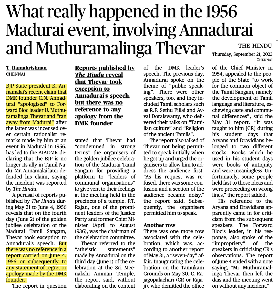 Pic 1: A report in Deccan Chronicle that repeats the entire content twice (the highlighted portion is verbatim repeat), making it look like a bigger news than what it is.

Pic 2: The truth of who filed the case.

Pic 3: 
Annamalai: 'DMK founder C.N. Annadurai “apologised” to…