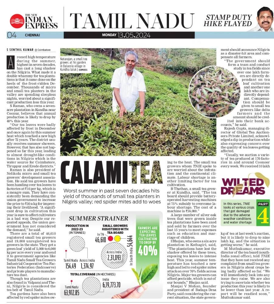 Record rise in temperature has cast a long shadow on tea production in the Nilgiris. #TNIE series on hapless farmers #WiltedDreams continues… ⁦@Senthil_TNIE⁩ ⁦@xpresstn⁩ ⁦@NewIndianXpress⁩ newindianexpress.com/states/tamil-n…