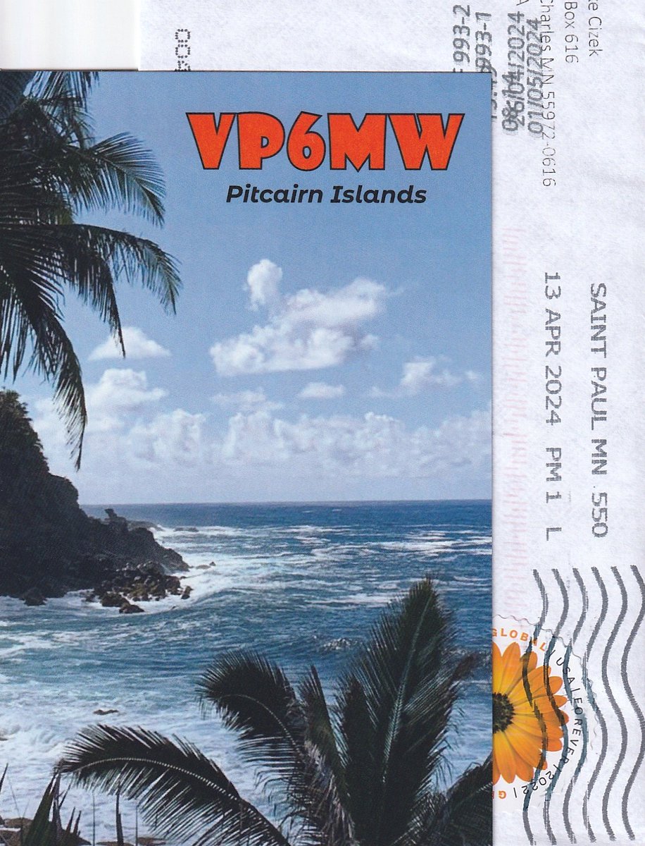 VP6MW, arrived today via WØVTT.
Pitcairn Island, OC-044, CG44.
28MHz FT4, Mar. 2024.