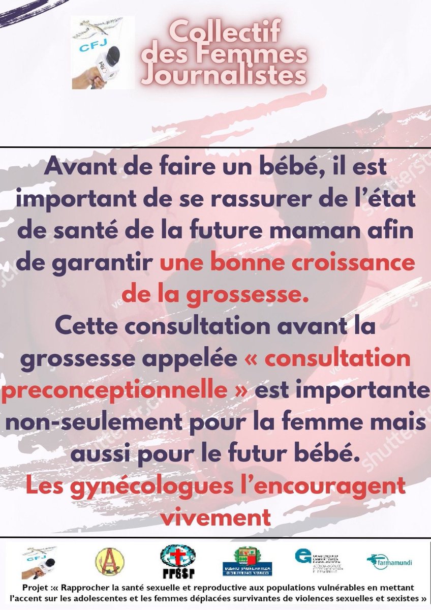 CFJ_rdcongo's tweet photo. Vous voulez faire un bébé en évitant des risques liés à la #grossesse ?

Le #gynécologues conseillent vivement de faire une "consultation #préconceptionnelle".

C'est une pratique est importante pour garantir votre #santé #sexuelle et reproductive ainsi que celui du futur bébé.. https://t.co/TP2RcKdwjb