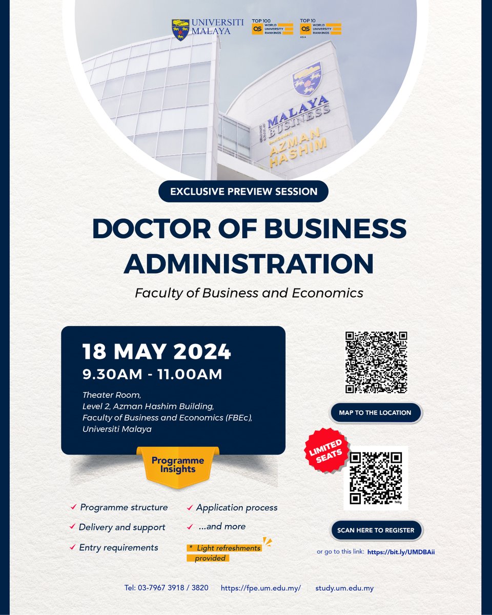 Join UM's Doctor of Business Administration for career excellence! Pre-register at bit.ly/UMDBAii. Engage with professionals and align your goals. Seize control of your career trajectory now! #studyatum #studyunimalaya