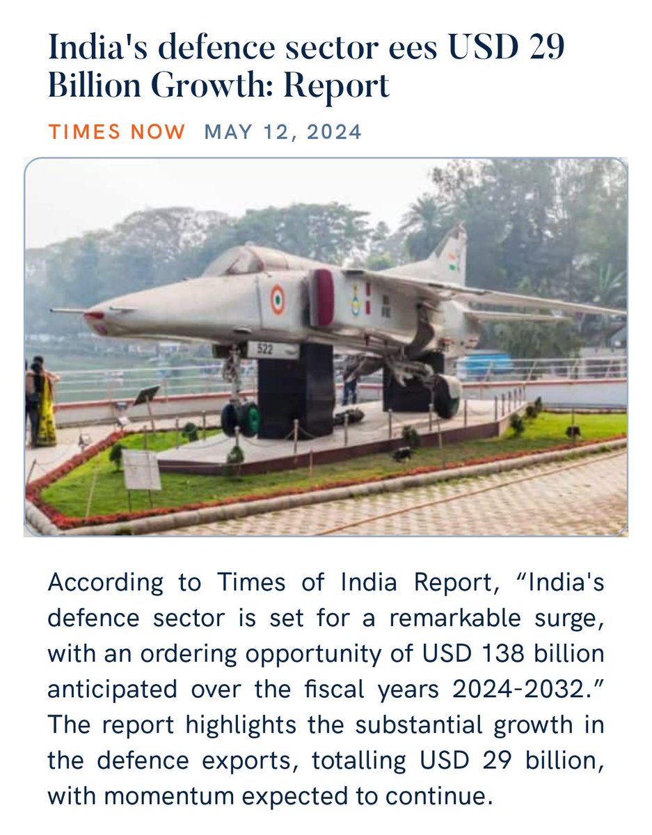 #AtmanirbharBharat #AtmanirbharDefence
India Defense Sector has opportunity for $138 bn of Orders over next 10 Yr as per Nomura
>50 bn for Aerospace
>38 bn for Navy
>21 bn for Army
>29 bn Export
🙏 @narendramodi Ji Govt #MakeInIndia #MakeForWorl
timesnownews.com/business-econo…
@PMOIndia