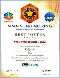 K. Ujwala, II BCA, Department of Data Analytics received the Best Poster Award in Tech Star Summit – 2024 during the Saveetha Transdisciplinary Annual Research Summit organised by SIMATS Engineering and Sclas from 29th April to 4th May 2024.