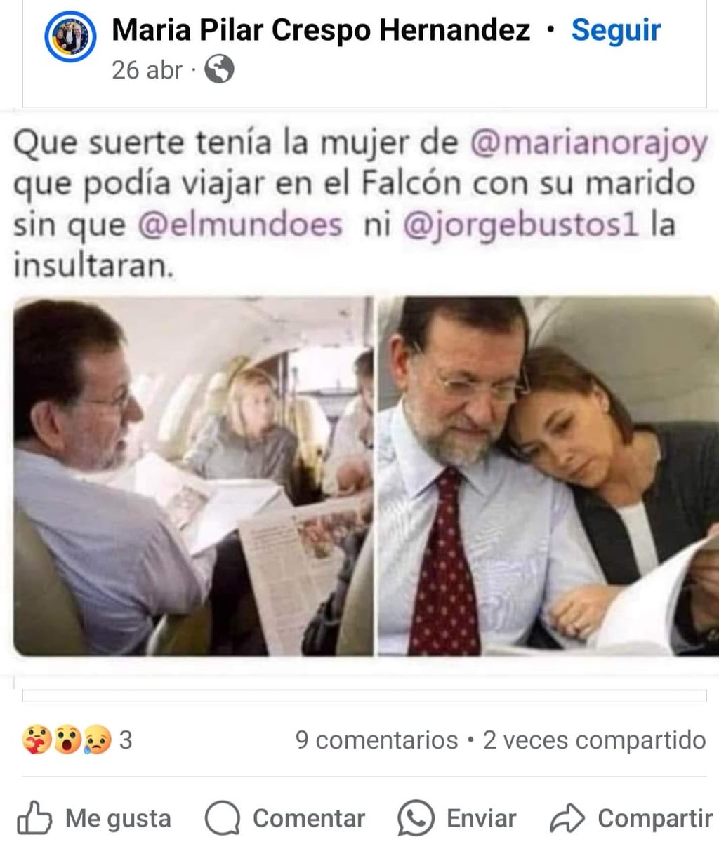 Que suerte tenía la mujer de@marianorajoy que podía viajar en el Falcón con su marido sin que @elmundoes ni @jorgebustos1 la insultaran.