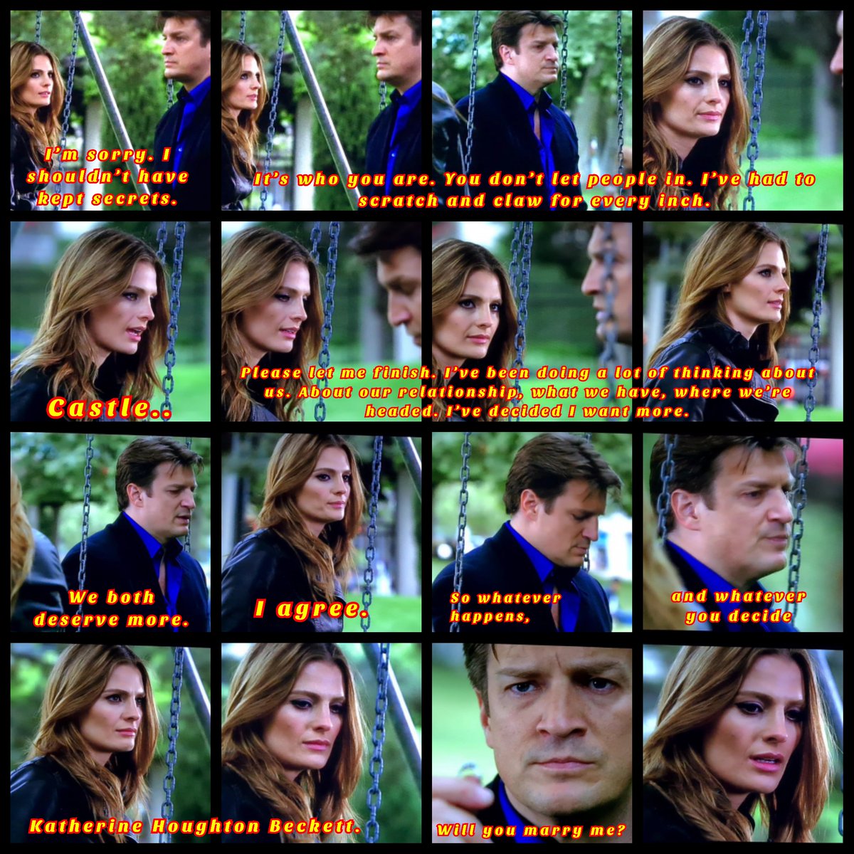05/13/13- #Castle 5x24 - WATERSHED aired 11 years ago (II/II)

C: [..]our relationship,what we have,where we’re headed. I’ve decided I want more."
C: "We both deserve more."
KB: I agree.
C: So whatever happens&amp;whatever u decide, Katherine Houghton Beckett.. Will you marry me?