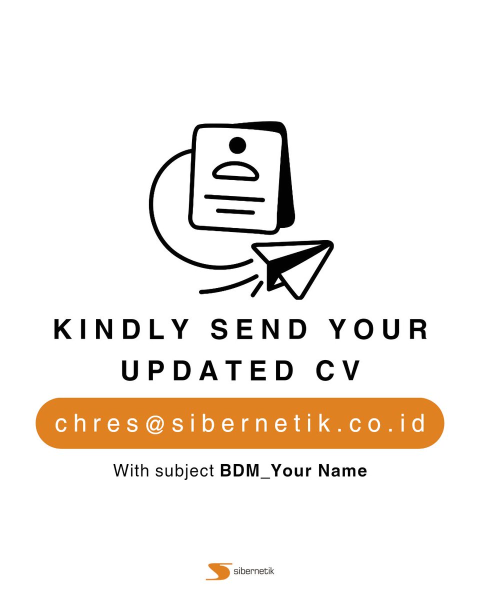 Hi jobseekers!🧑‍💻
Right now, we are #hiring :
🧑‍💼 Business Development Manager (Full Time)
📍 South Jakarta

Interested in joining our team and turning visions into reality? Don't hesitate to send your updated CV to:

Email:
📧 chres@sibernetik.co.id
Subject:
📝 BDM_Your Name