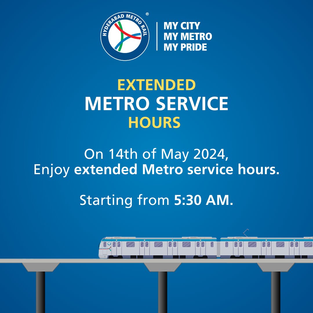 The day just got better with extended service hours kicking off at 5:30 AM on 14th May 2024. Your convenience is our priority!#ExtendedHours #mycitymymetromypride #metroride #HyderabadMetro #MetroRail #metrostation #publictransport #hasslefree #skipthetraffic #Hyderabad