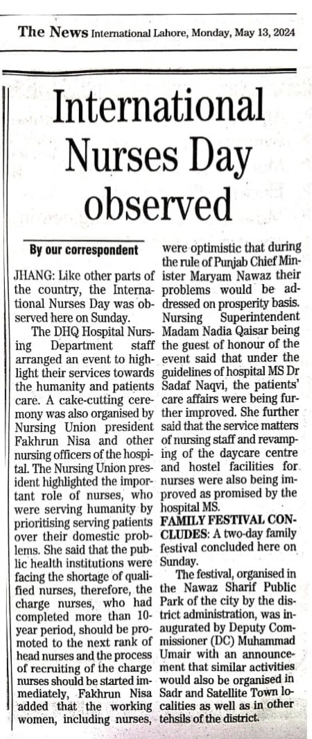 نرسوں کے عالی دن کے حوالہ سے ڈی ایچ کیو ہسپتال جھنگ میں تقریب کا اہتمام، نرسز پبلک اور نجی ہیلتھ اداروں میں مریضوں کی دیکھ بھال میں مصروف عمل رہیں
 @DCJhang @PSHDept @HealthPunjabGov #NursesDay #NursesDay2024 @MaryamNSharif #health