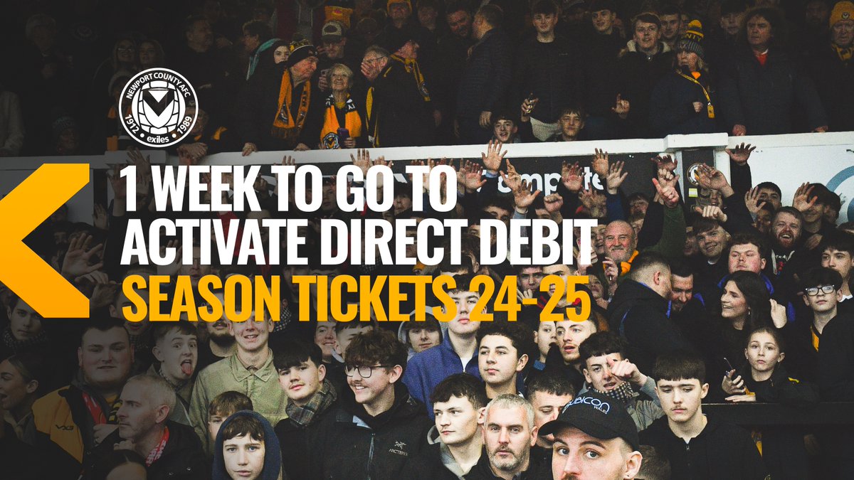 There’s just 1️⃣ week to go! 🙌 Newport County fans have just one week left to secure their 2024/25 season ticket via the direct debit payment method. Find out more 👉 shorturl.at/uCG08 #NCAFC