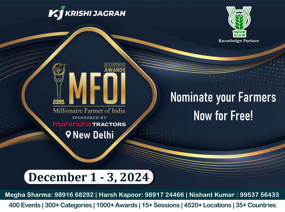 Krishi Jagran presents the Mahakumbh of Indian Agriculture, the 2nd Edition of the 'MFOI Awards', sponsored by Mahindra Tractors. Join us from December 1-3, 2024, in New Delhi for this grand celebration. Registrations are open Don't wait any longer! Click on the following link