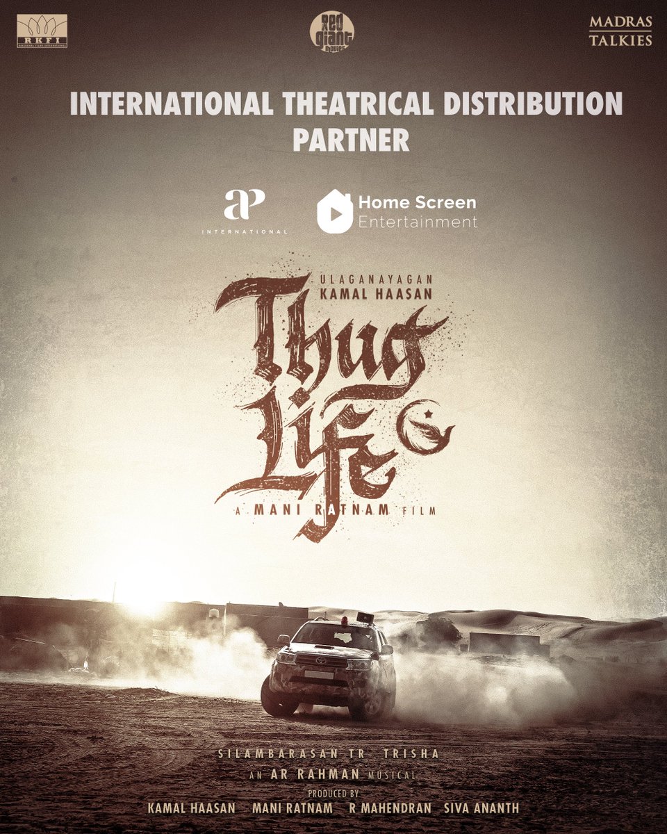 AP International and Home Screen Entertainment join forces as the official International Theatrical Distribution partners for #ThugLife #Ulaganayagan #KamalHaasan #SilambarasanTR @ikamalhaasan #ManiRatnam @SilambarasanTR_ @arrahman #Mahendran @bagapath @trishtrashers…