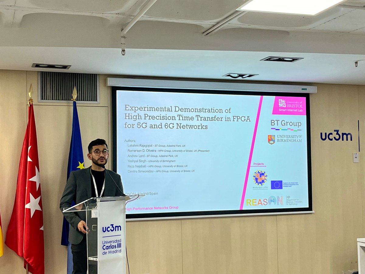 bristol_smart's tweet photo. Senior Research Associate, Dr Romerson Oliveira presented their work on 'Experimental Demonstration of High Precision Time Transfer in FPGA for 5G and 6G Networks' @ONDM2024.  A result from the projects @FONRC_REASON for #6G (UK Gov @SciTechgovuk) and MoSaiQC (@HorizonEU) https://t.co/Oa4GStvcoe