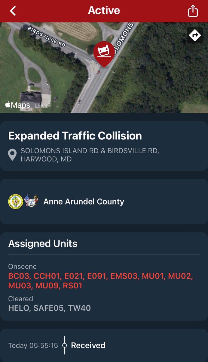 Probable fatal crash after a police pursuit in Anne Arundel County (by an outside agency, not @AACOPD) on Solomons Island Rd & Birdsville Rd in Harwood, MD. The suspects may have been involved in crimes in Prince George’s County overnight. #mdtraffic
