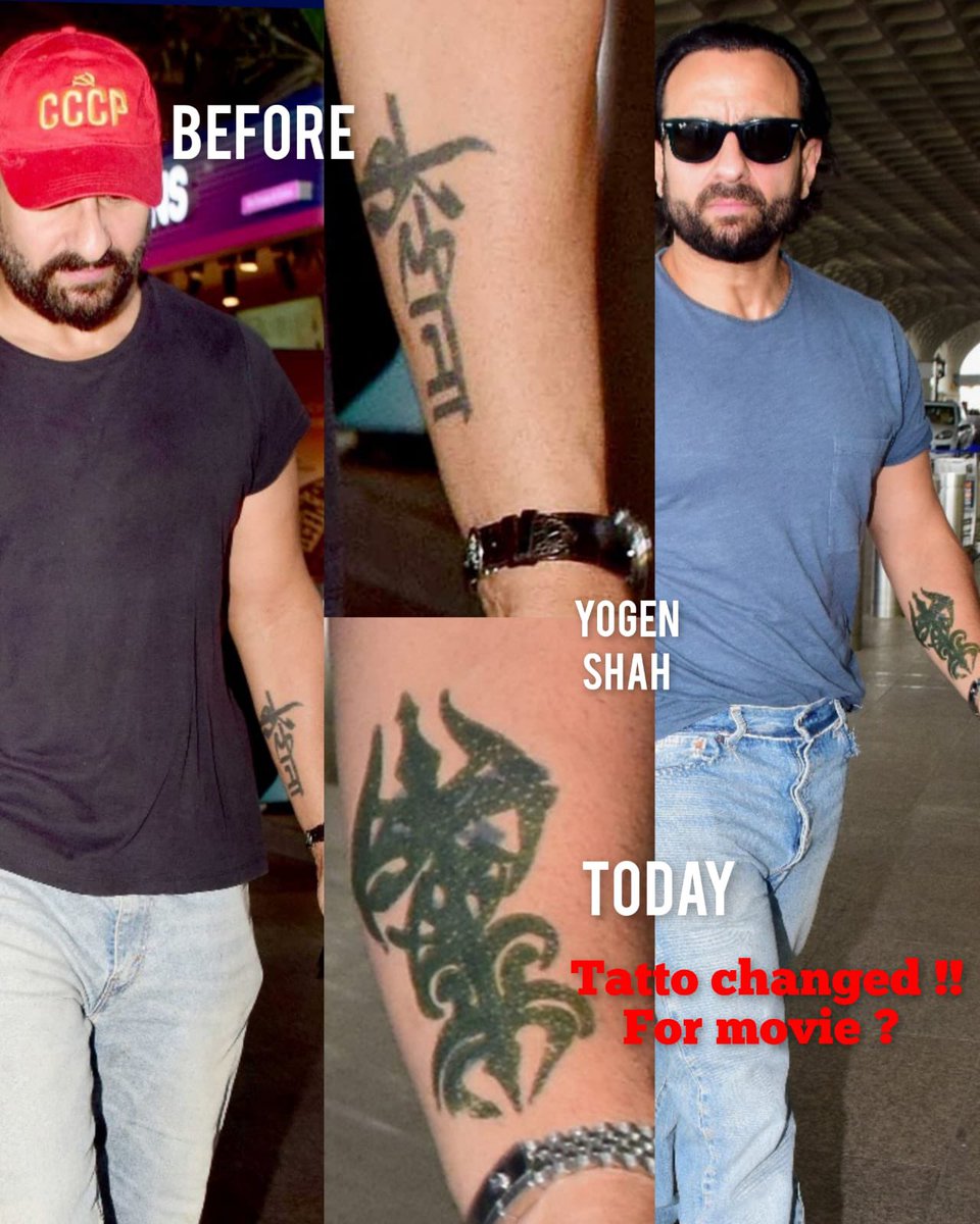 Saif Ali Khan, who has Kareena's name tattooed on his forearm, was spotted today with another tattoo layered over the existing one, sparking speculation about whether it's for his character in a movie.

#yogenshah