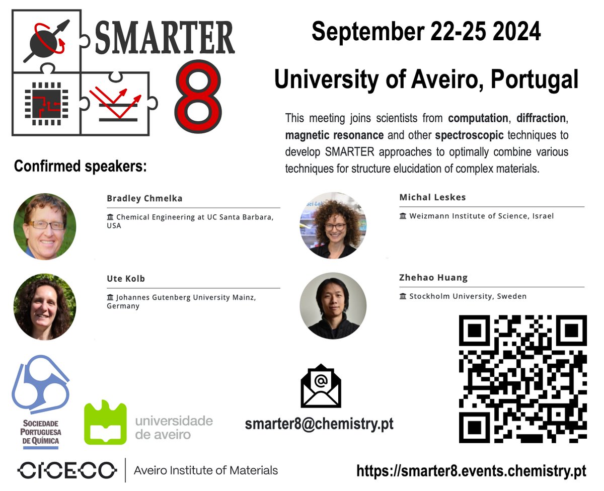 We are very proud to organise the SMARTER8 workshop, taking place in the beautiful city of Aveiro, Portugal. Submit your abstract until May 31st and join us in Aveiro between 22-25 September 2024. smarter8.events.chemistry.pt @spquimica @UnivAveiro @ciceco_ua