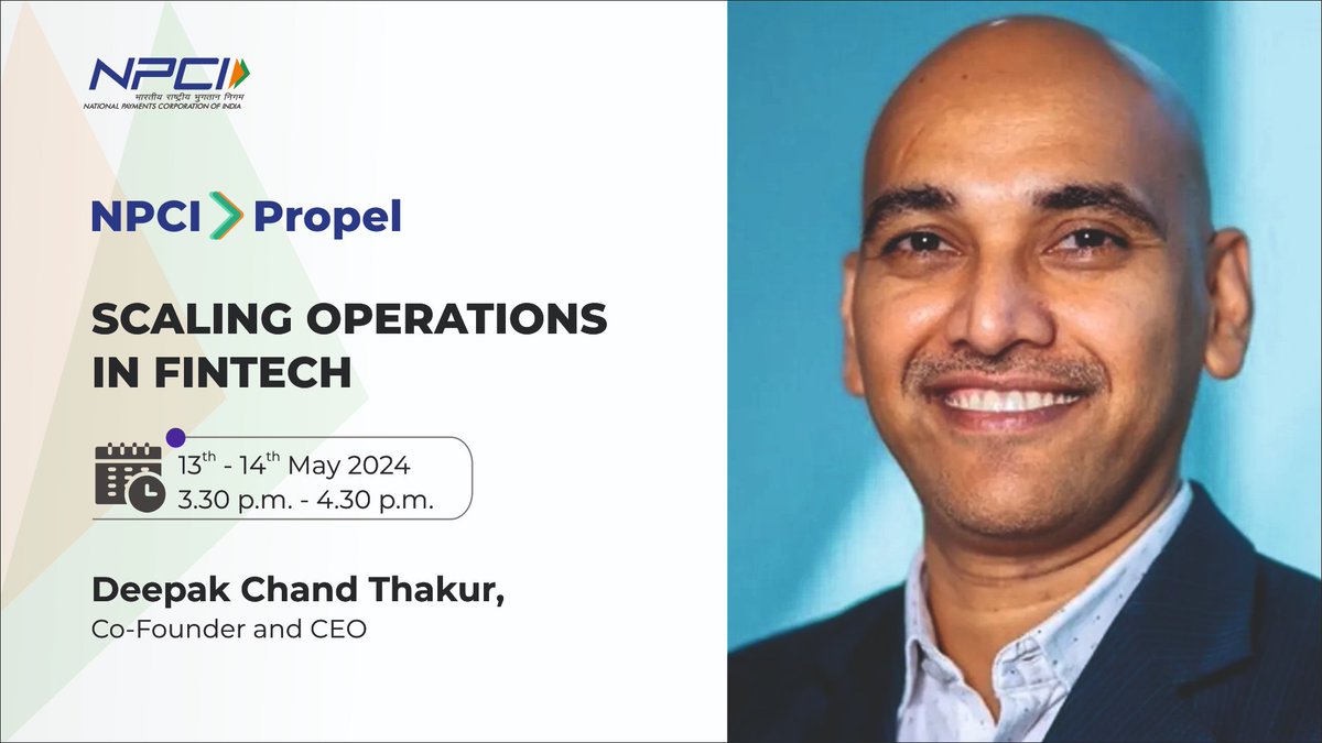 NpstLtd's tweet photo. Deepak Chand Thakur will be speaking on Scaling Fintech Operations at the 3rd Cohort of NPCI Propel at IIT Delhi between 3.30 p.m.and 4.30 p.m on 14th May 2024.
#NPCI #IITDelhi #Fintech #FintechOperations #ScalingOperations #FinancialTechnology #Innovation #Payments #IndiaFintech https://t.co/ab24G9LYc8
