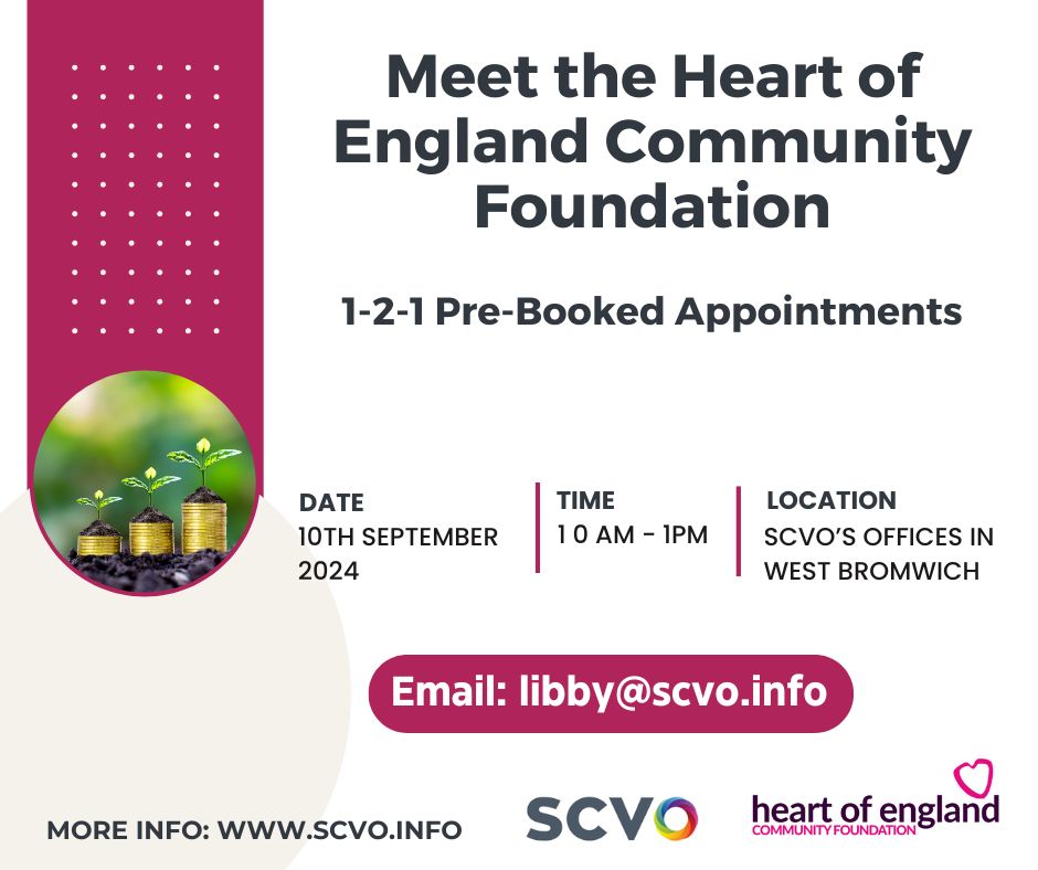 Advanced Notice!

SCVO is proud to announce we will be trialling 1-2-1 appointments with Heart of England Community Foundation in September.

More details: tinyurl.com/46uwvr42

#FundingConversations