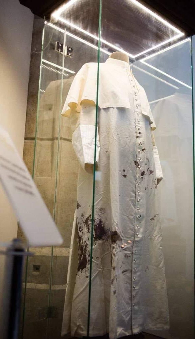 The blood-stained cassock Pope John Paul II wore on this day in 1981, the day Mehmet Ali Ağca tried to assassinate him is preserved in Krakow, Poland. The following year, the Pope traveled to Fatima to thank the Virgin Mary for saving his life.