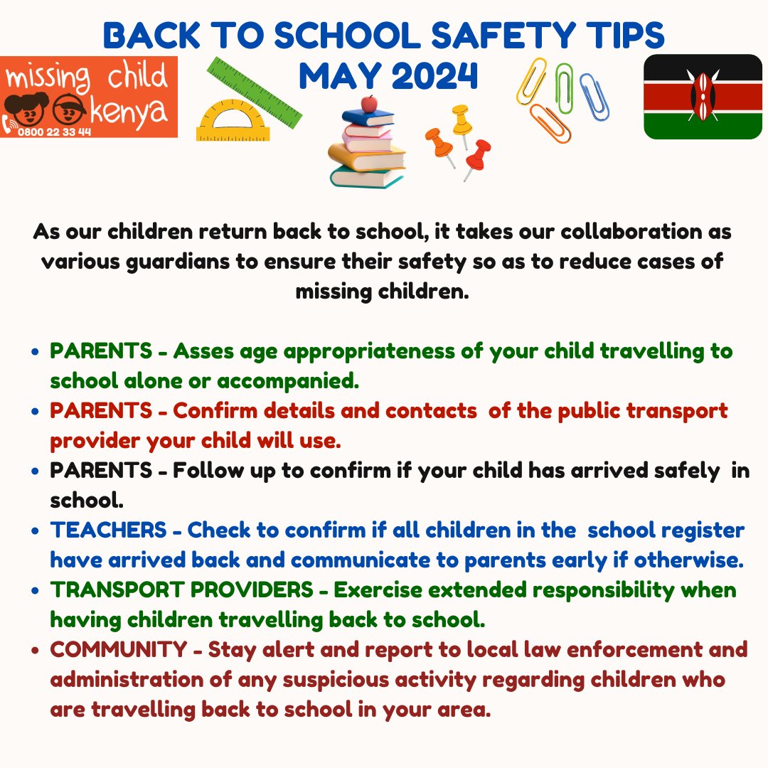 Let us work together to guarantee the safety of our learners as schools reopen today across Kenya.  #missingchildke @MTotoNews