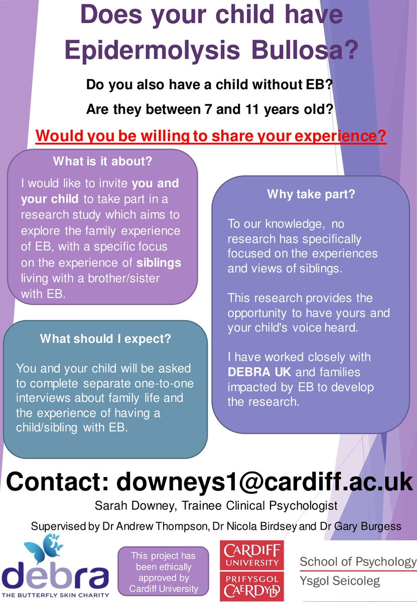 Excited to be working alongside @CharityDEBRA to explore how brothers/sisters of children with EB experience the condition and family life. If you would like to know more or get involved please get in touch! downeys1@cardiff.ac.uk #EpidermolysisBullosa #EB #Research #DEBRA