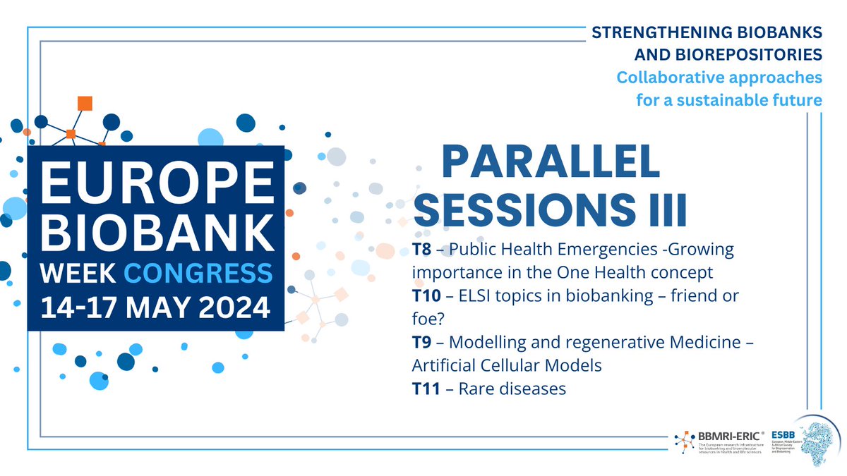 📢 #EBW24 Parallel sessions III starts now:

🌳 Public Health Emergencies -Growing importance in the One Health concept
⚖️ ELSI topics in biobanking – friend or foe?
🧬 Modelling and regenerative Medicine – Artificial Cellular Models
🔬 Rare diseases

🔗 europebiobankweek.eu/full-programme/