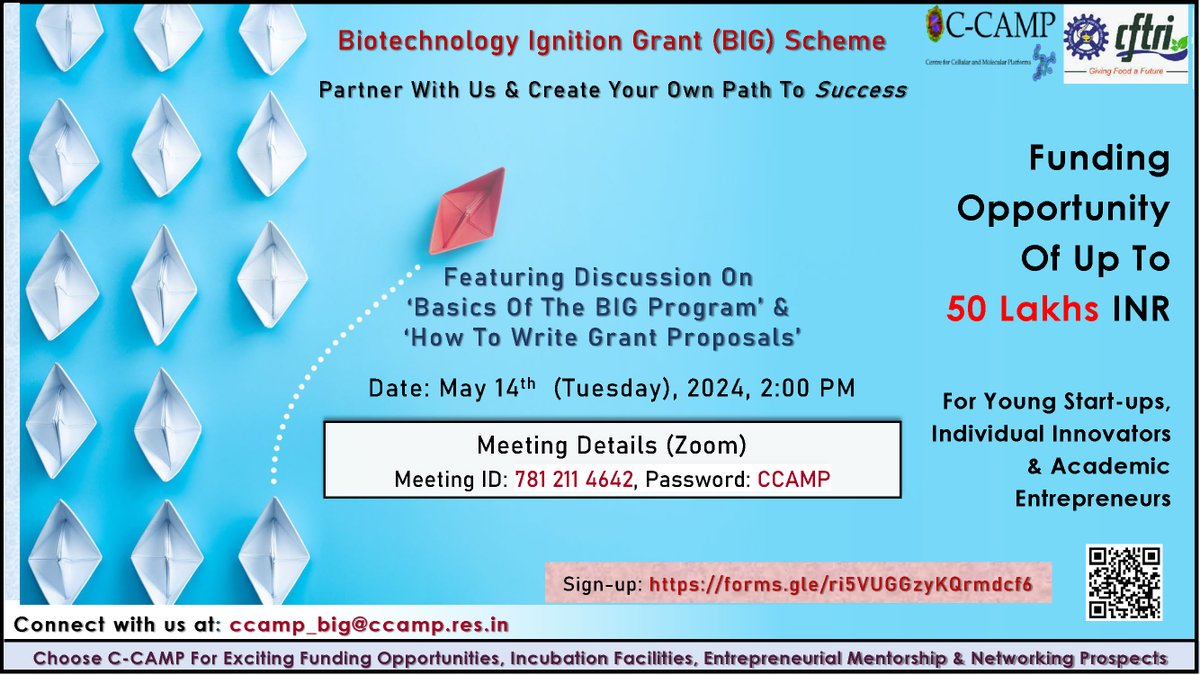 @csircftri organizing an online outreach program with @CCAMP_India for Biotechnology Ignition Grant (BIG) scheme on 14-05-2024 at 2:00PM. @CSIR_IND @DrNKalaiselvi @BIRAC_2012 @DBTIndia @PIBBengaluru
