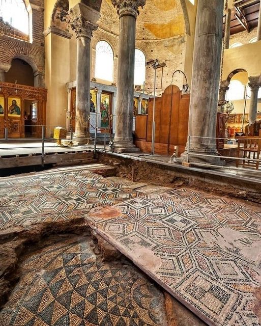 #ancient #archaeology #history #temple #arthistory #museum 
The Palaio-Christian Byzantine Basilica of Acheiropoietos (450 CE) in Thessaloniki is built over a complex of Roman public baths which were in turn built over some older baths or temple.