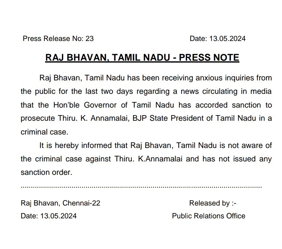 Raj Bhavan is not aware of the #criminalcase against State #BJP president K #Annamalai and has not issued any #sanction order, says a release from @rajbhavan_tn