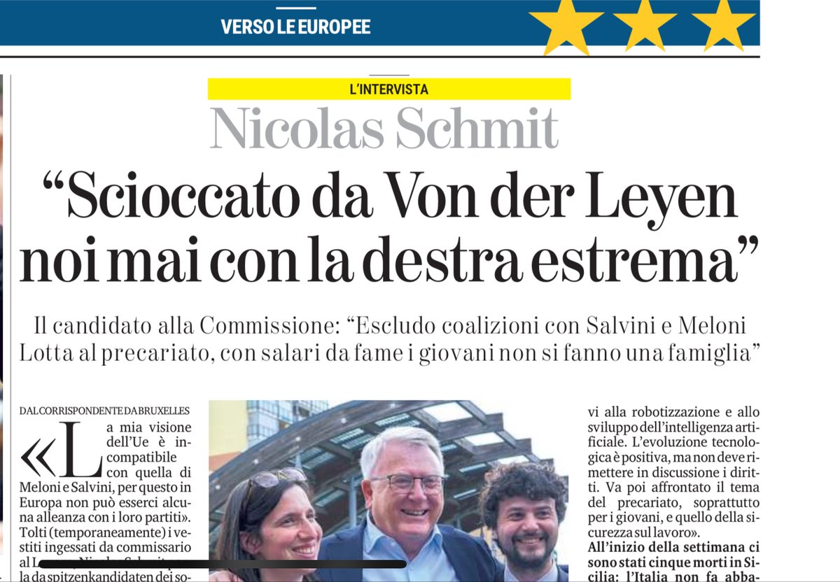 We are very clear: we will not go into coalition with far-right parties. Currently campaigning in Italy, @NSchmit spoke to @LaStampa and underlined the PES commitment, signed by party leaders in Berlin on 4 May, not to make alliances with ECR not ID in the European Parliament.