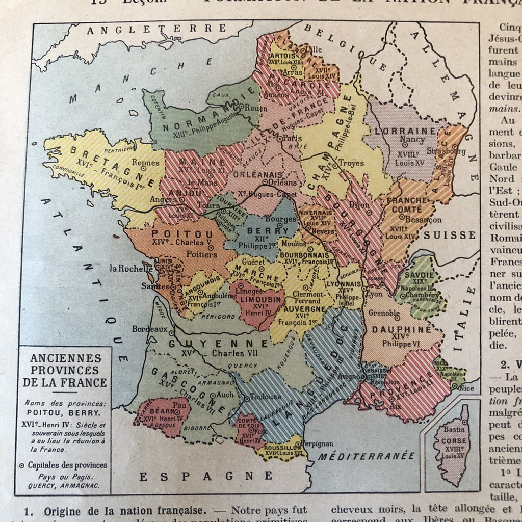 Carte : Anciennes provinces de la France.
Source : #CoursDeGeographie, La France et ses colonies, classe de quatrième - 1925.