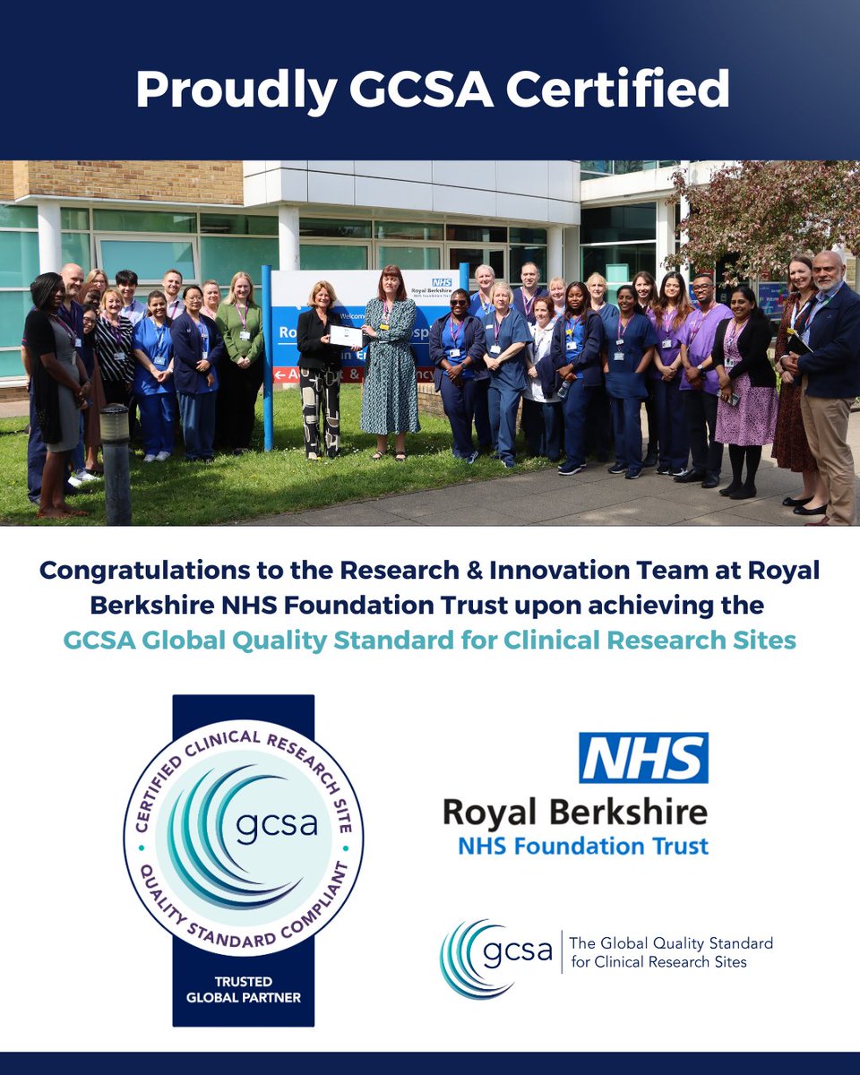Congrats to the R&amp;I Team at <a href="/RBNHSFT/">Royal Berkshire NHS Foundation Trust</a>
for becoming a fully <a href="/GCSA/">GCSA</a> Certified site. A milestone achievement which evidences their capacity to deliver the highest quality clinical trials for their patients and sponsors. Learn more here: iaocr.com/wp-content/upl…