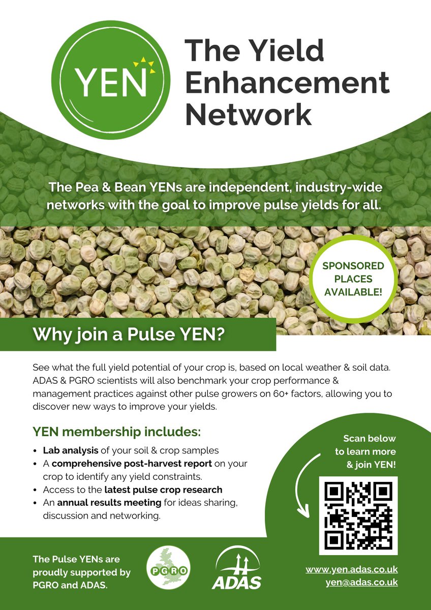 📅Pulse YENs Registration Extended! 🫛
Due to difficulties with spring drilling, the registration deadline to join our #Peas &amp; #Beans Yield Enhancement Network is now the end of June 🫛There's so much yet to learn about improving #pulse yields, join us 👉 yen.adas.co.uk/networks-proje…