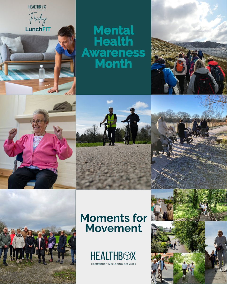 🌟 May is #MentalHealthAwarenessMonth! At Healthbox, #MomentsforMovement are a part of many of our offerings because we know exercise can boost not only our physical health but our mental wellbeing too. 🤗 Join us this month and beyond; let’s move together for mental health!