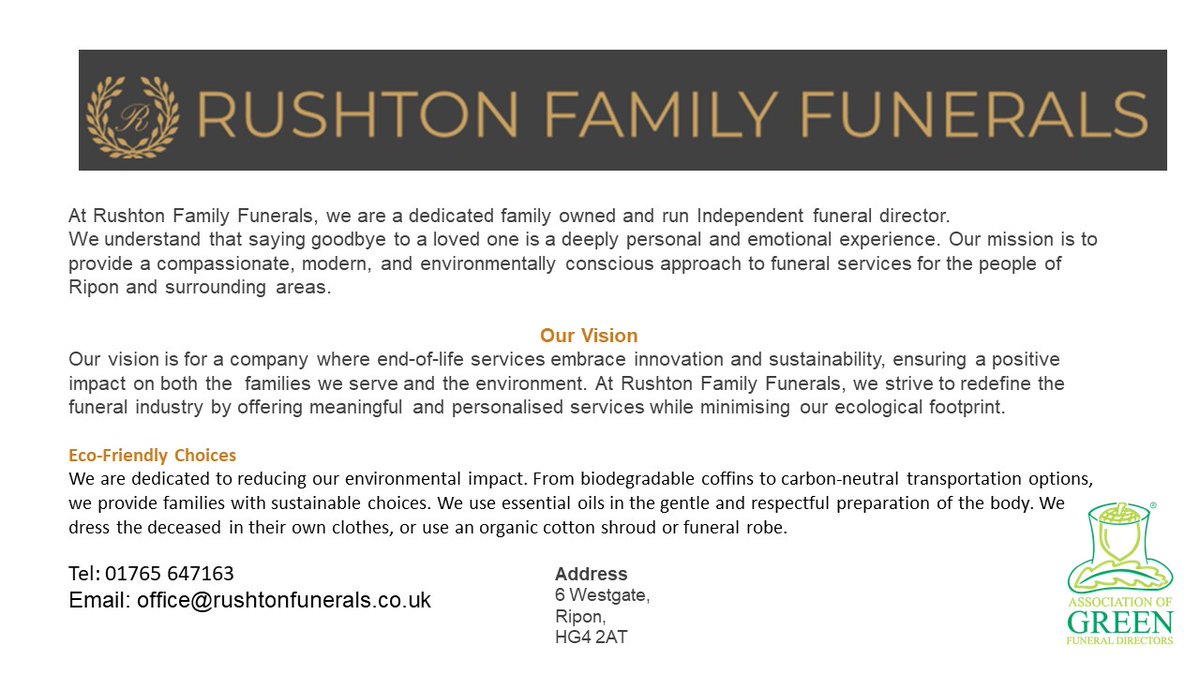 A very warm welcome to our new AGFD member Rushton Family Funerals who are dedicated to reducing their environmental impact. Another dedicated member who will benefit from our environmental support, interviews, discussions and discounts from a wide range of suppliers.