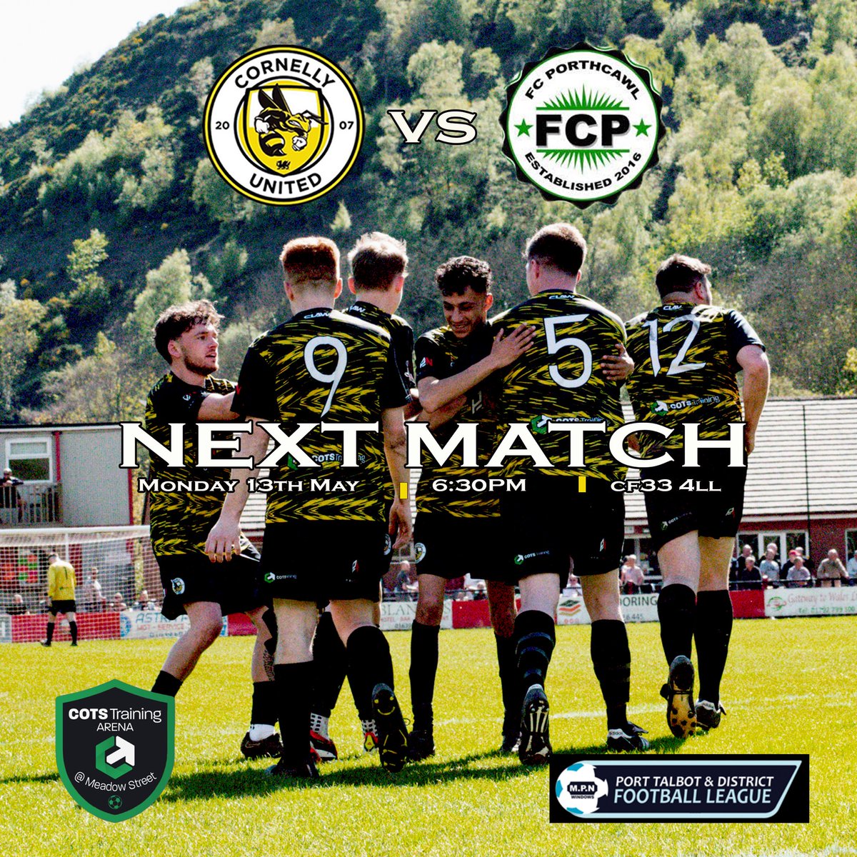 Tonight at the Cots Arena Meadow Street. 

We welcome FC Porthcawl in what will be our last game of the 23/24 season a win will secure us as Runners Up for the season. 

We look forward to welcoming you all this afternoon kick off 6:30 pm 🐝