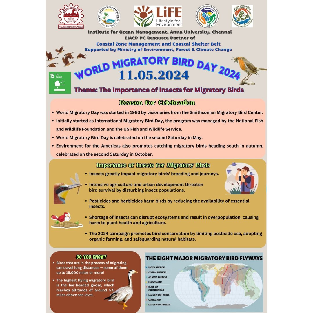 On the occasion of 'World Migratory Bird 2024', IOM EIACP PC RP Chennai releases an e-poster to create awareness and to emphasize the importance of this day.
#WorldMigratoryBirdDay  #poster  #posterdesign  #birds #annauniversity