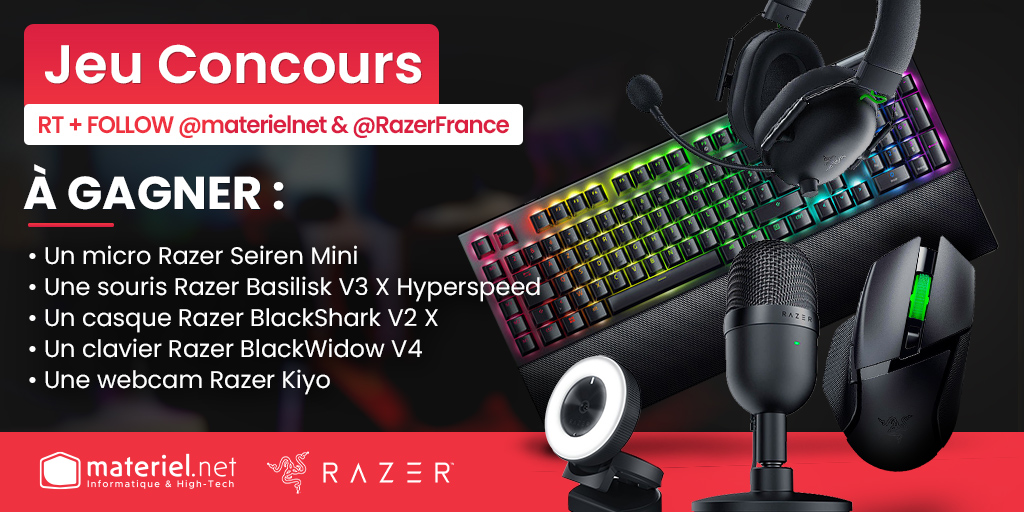 materielnet's tweet image. 🎁 𝐂𝐎𝐍𝐂𝐎𝐔𝐑𝐒 #GeekDaysLille 🎁

On vous régale avec @RazerFrance en mettant en jeu ce pack de 5 périph' 🐍

RT + Follow @materielnet &amp;amp; @RazerFrance pour tenter de le remporter 🤞

🎰 TAS 23/05
📋 matnet.tech/4a6wD72
🍀 Bonne chance !