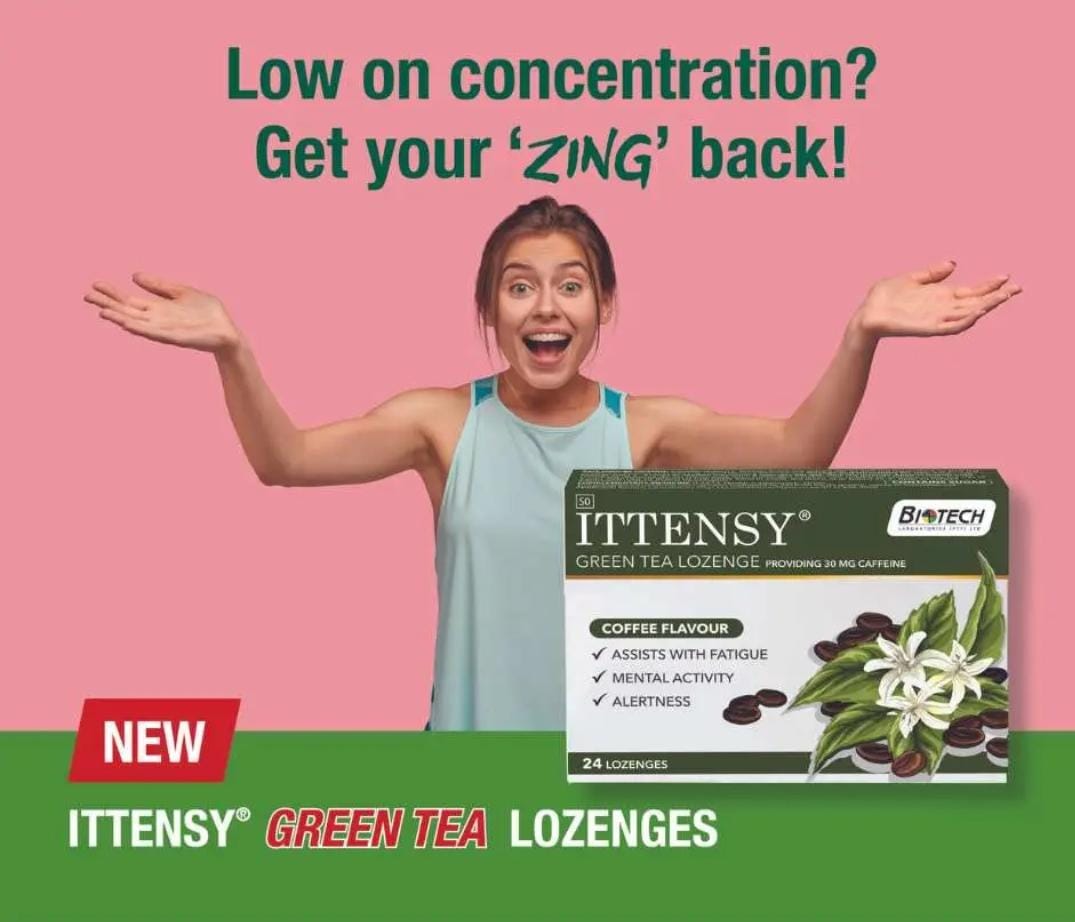 𝙇𝙤𝙬 𝙤𝙣 𝙘𝙤𝙣𝙘𝙚𝙣𝙩𝙧𝙖𝙩𝙞𝙤𝙣?
𝙂𝙚𝙩 𝙮𝙤𝙪𝙧 ‘𝙯𝙞𝙣𝙜’ 𝙗𝙖𝙘𝙠!

New ITTENSY® GREEN TEA LOZENGES will possibly temporarily assist in relieving fatigue, increasing mental activity, promoting alertness and boosting wakefulness. Just the boost you need!

Available at…
