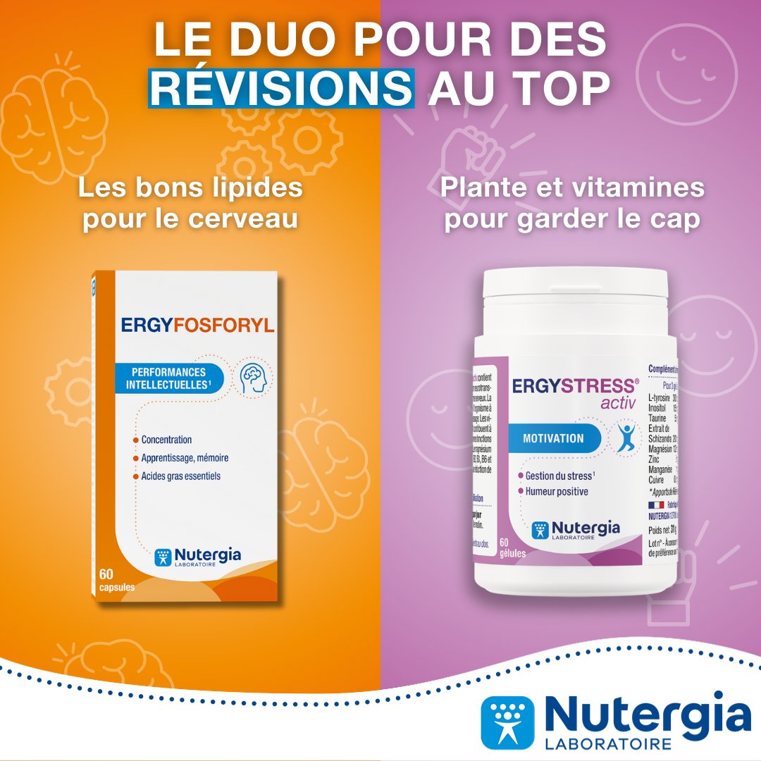 Nutergia's tweet image. Examens à venir ? Pas de panique !

- ERGYFOSFORYL soutient la mémoire, l'apprentissage et la concentration grâce à la vitamine B5 et aux lipides marins.
- ERGYSTRESS ACTIV aide à gérer le stress et les baisses de moral.

► nutergia.com/fr/fr/actualit…

#nutergia #révisions #bac2024
