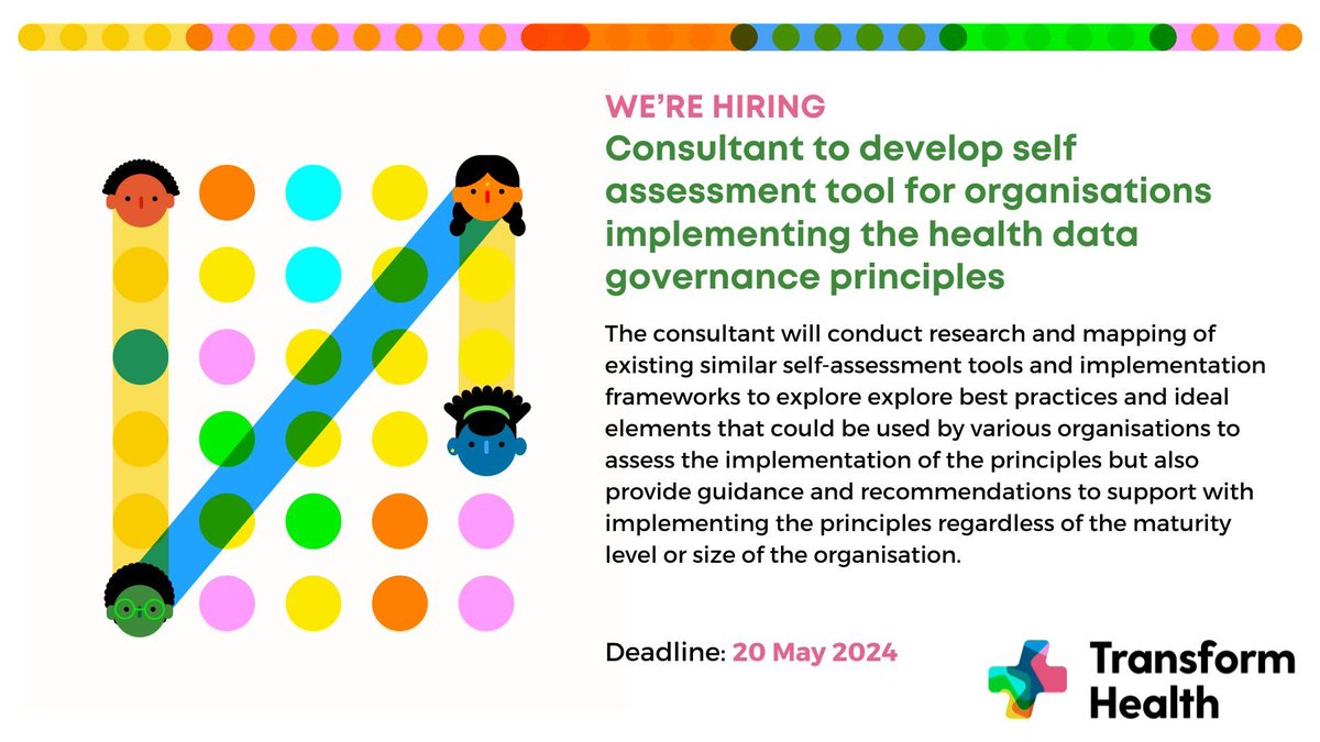 📢 We're #hiring!! @trans4m_health is looking for a consultant to develop self assessment tool for organisations implementing the #healthdatagovernance principles ⌛Deadline to apply: 20 May 2024 🔗Apply now: buff.ly/3UUN7do #Job #JobPost #JobAlert #NonProfitJobs