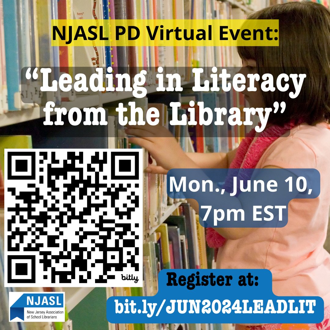 Join us Monday, 6/10/24 at 7pm for 'Leading in Literacy from the Library!' You don't have to be an NJASL member to check it out - all school librarians & educators are welcome to register! bit.ly/JUN2024LEADLIT