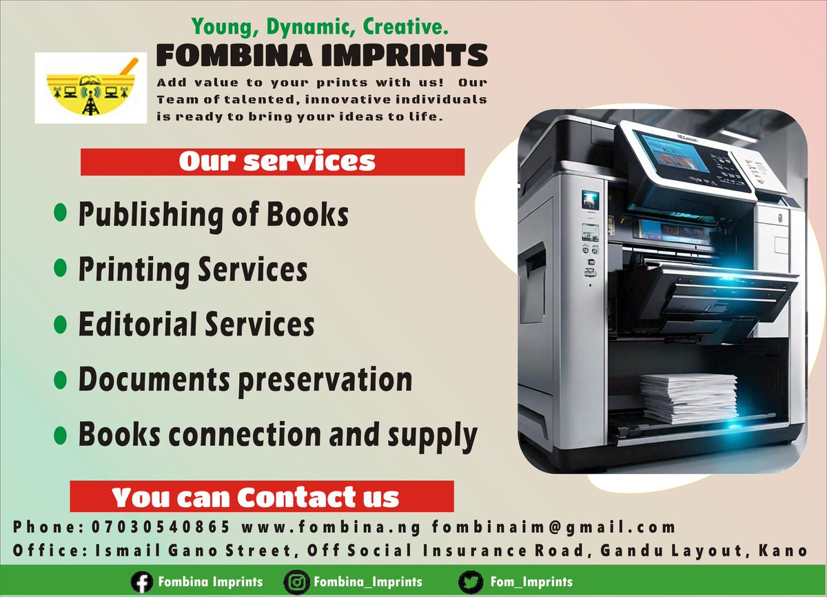 At Fombina Imprints, we specialize in delivering top-notch printing solutions tailored to your needs. From high-quality book publishing to precise printing and expert editorial support, we've got you covered. Located at Ismail Gano Street, Kano State, Visit us or +2347030540865